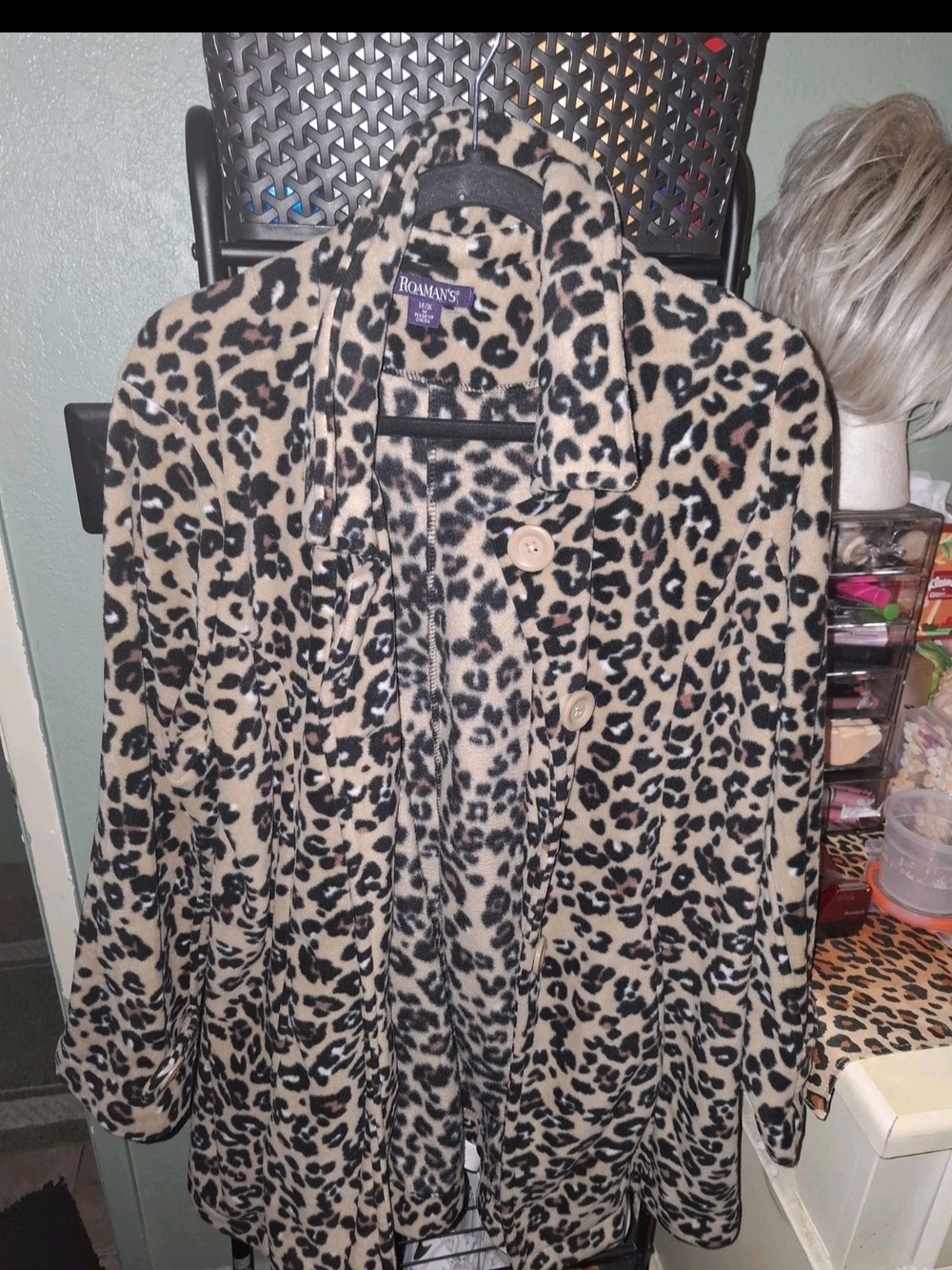 Roaman's Leopard Print Long Button Jacket - Beige & Black